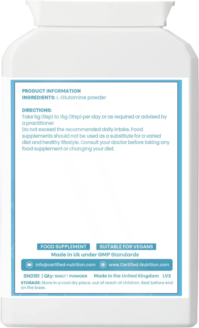 Back of Certified Nutrition L-Glutamine Pure amino acid powder showing ingredients list, usage directions, and supplement storage instructions. 100g powder tub.