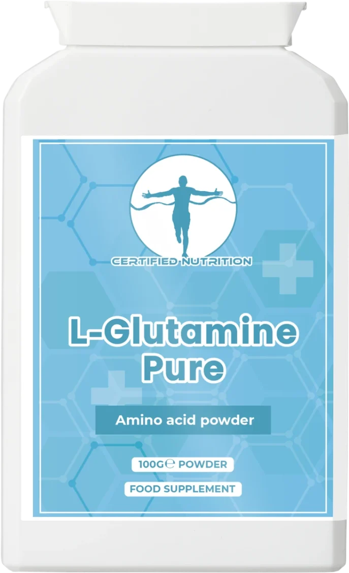 Front view of Certified Nutrition L-Glutamine Pure supplement bottle, amino acid powder, 100g container, vegan-friendly formula.