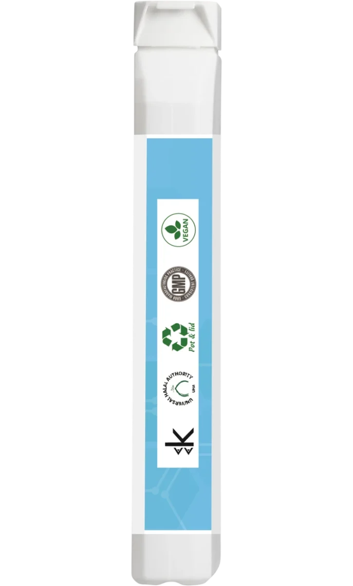 Side of Certified Nutrition L-Glutamine Pure supplement tub showing certification icons including vegan, GMP, recyclable, and halal logos.