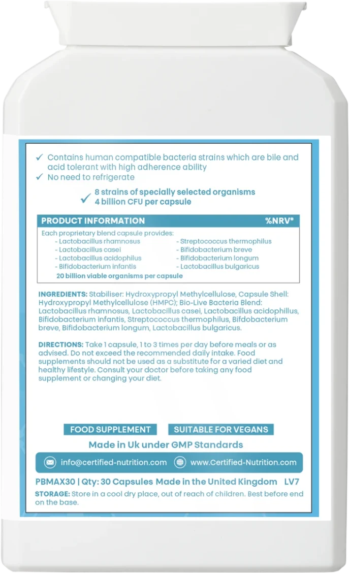 LactiBac Pro supplement facts with 8 listed bacterial strains and usage directions – UK GMP