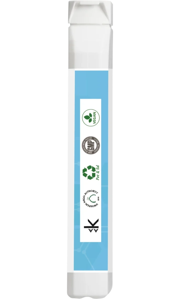 Vegan and GMP certification logos with recyclable packaging on LactiBac Pro