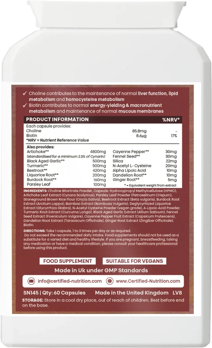 Back view of Certified Nutrition Liver Fortis supplement bottle, showing ingredients such as choline, biotin, artichoke, turmeric, beetroot, black aged garlic, parsley, dandelion root, and directions for use with storage instructions.