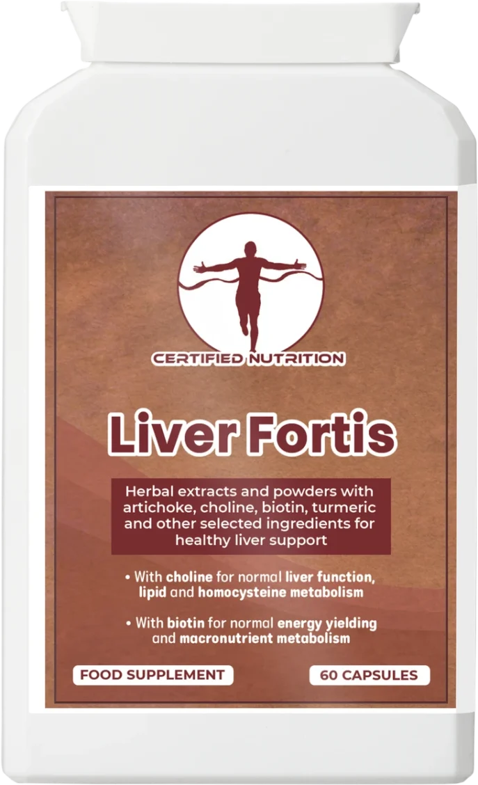 Front view of Certified Nutrition Liver Fortis supplement, formulated with choline, biotin, artichoke, turmeric, and selected herbs for liver support. Highlights normal liver function, lipid metabolism, and energy-yielding metabolism. 60 vegan capsules.