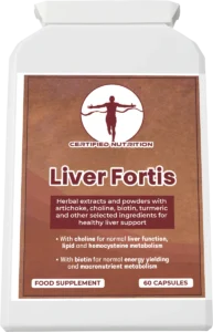 Top-down angled view of Certified Nutrition Liver Fortis supplement container, displaying front label design and product details for liver function support.