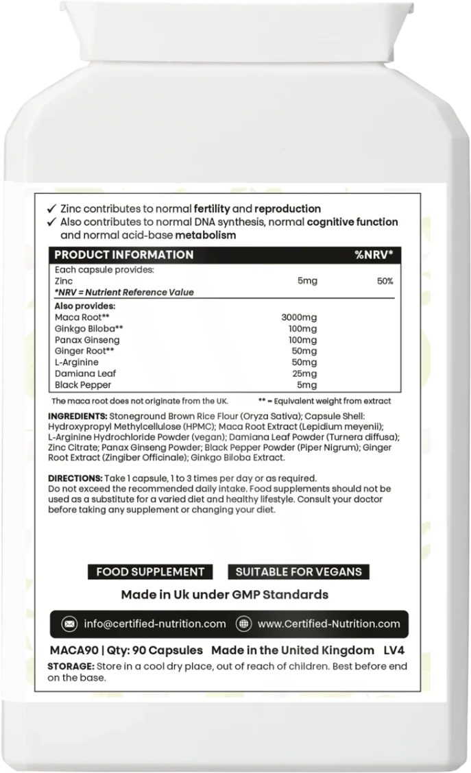 Back label of rectangular bottle showing bullet points that zinc contributes to normal fertility and reproduction, DNA synthesis, cognitive function and acid-base metabolism; product information table with quantities for maca root (3000 mg eq.), ginkgo 100 mg, Panax ginseng 100 mg, ginger root 50 mg, L-arginine 50 mg, damiana 25 mg, black pepper 5 mg; directions and UK GMP statement.