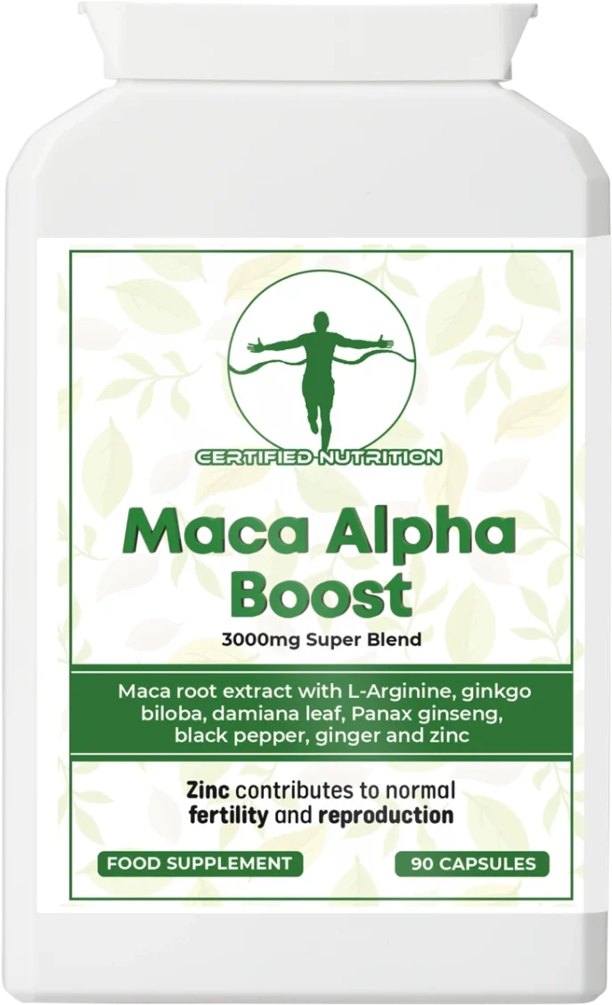Rectangular white supplement bottle front label “Maca Alpha Boost – 3000mg Super Blend”; green band lists maca with L-arginine, ginkgo, damiana, Panax ginseng, black pepper, ginger and zinc; lower text “Zinc contributes to normal fertility and reproduction”; badges “Food Supplement” and “90 Capsules”.