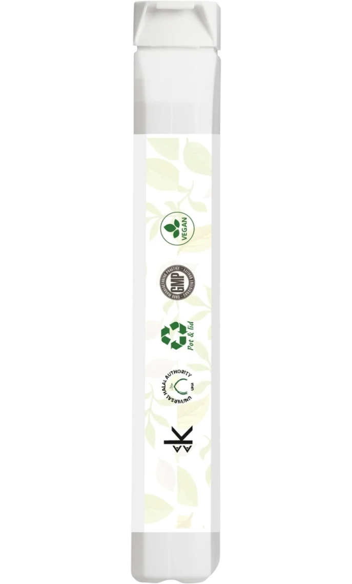 Narrow side panel showing certification icons and names only: Vegan, GMP, PET & lid recycling, Universal Halal Authority USA; pale leaf motif along the strip.