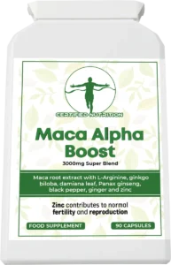 Top-angled close front view focusing on the framed logo, product title, composition band, and lower badges on the white rectangular bottle.