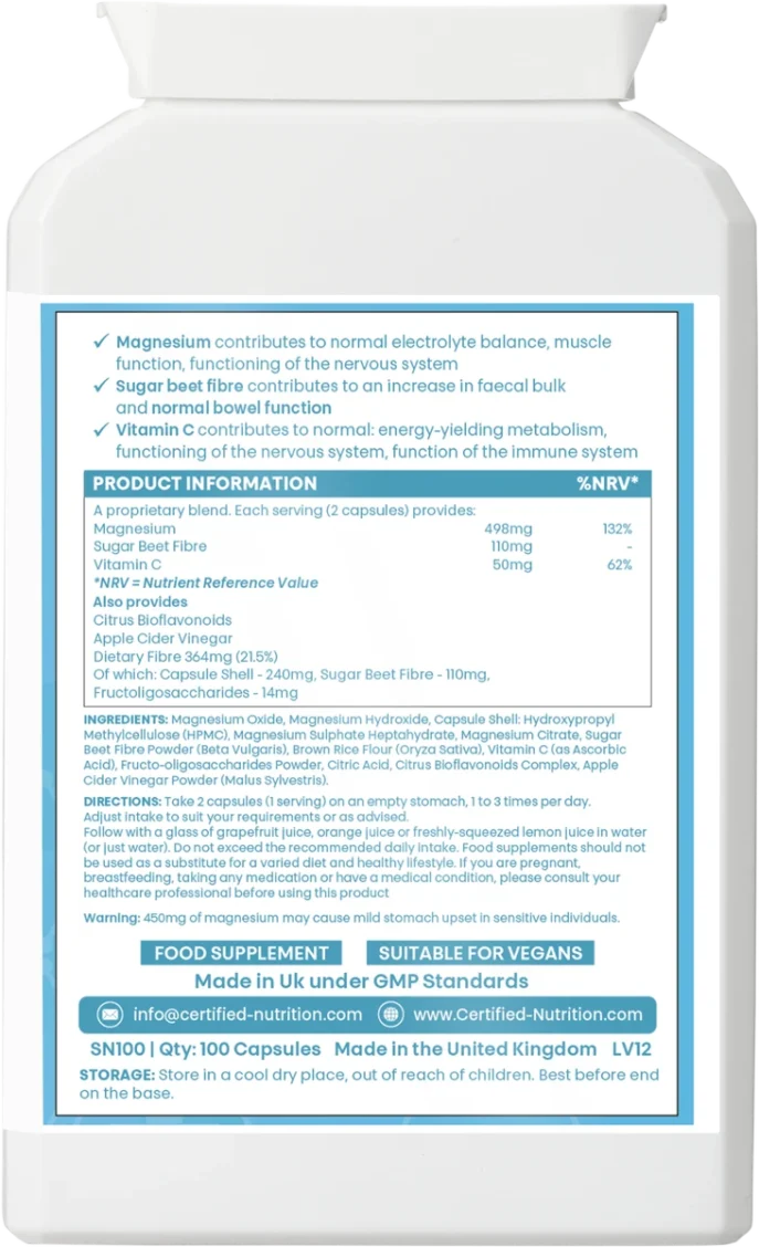 Magnesium+ supplement ingredients and nutrition facts Certified Nutrition