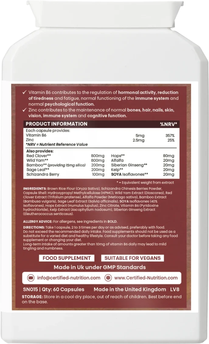 Back label of Certified Nutrition MenoPal+ bottle, detailing ingredients such as red clover, wild yam, sage, hops, soya isoflavones, ginseng, and Vitamin B6, plus dosage instructions, allergen advice, and storage guidance.