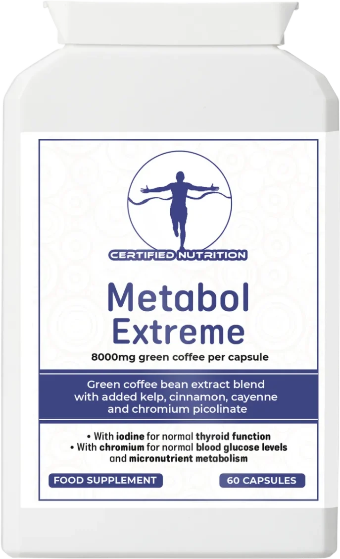 Front label of Metabol Extreme with ingredient claims and supplement benefits for metabolism and thyroid health