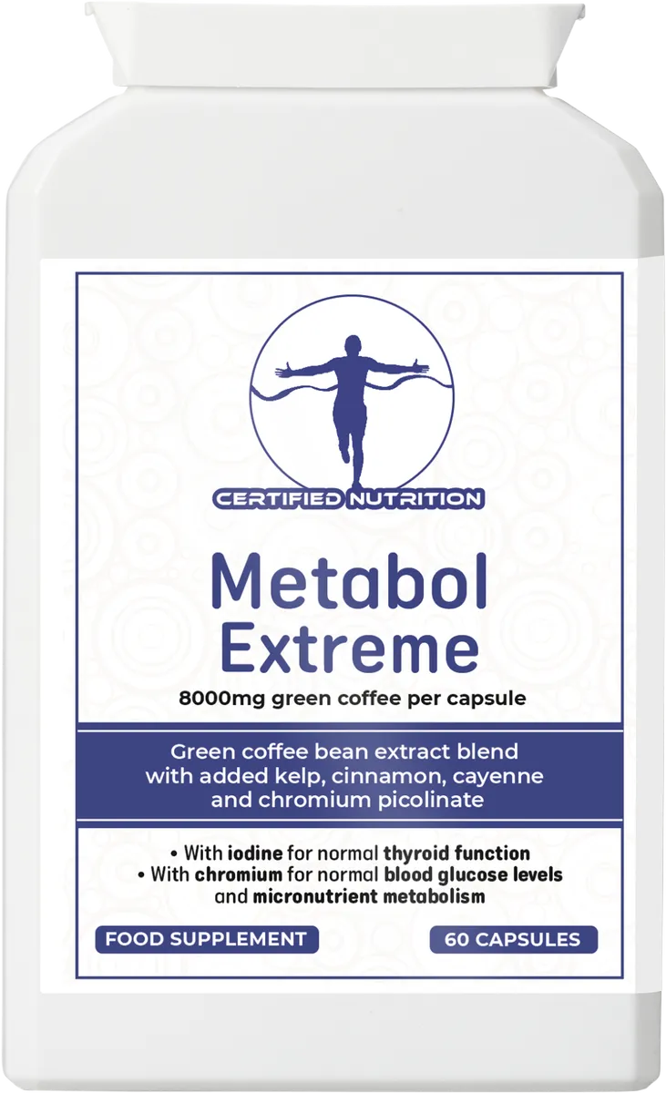 Front label of Metabol Extreme with ingredient claims and supplement benefits for metabolism and thyroid health
