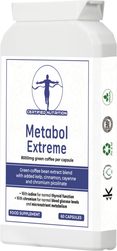 Angled front-right view of Metabol Extreme bottle showing front label and certification logos