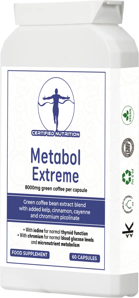 Angled front-right view of Metabol Extreme bottle showing front label and certification logos