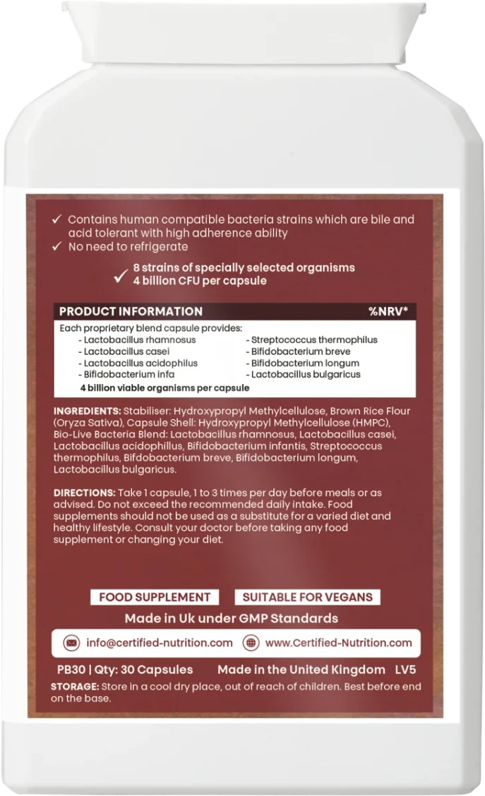 Multi-Bact Pro supplement facts and usage instructions, 8 strains of probiotics, 4 billion CFU per capsule, UK-made vegan probiotic supplement