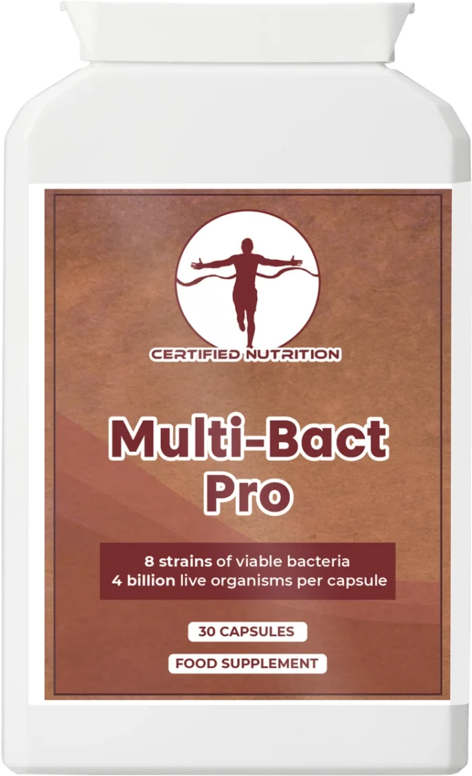 Certified Nutrition Multi-Bact Pro supplement front label – 8 probiotic strains, 4 billion live organisms per capsule, 30 capsules vegan formula