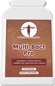Certified Nutrition Multi-Bact Pro supplement bottle low angle – 30 capsule probiotic supplement with 8 strains and 4 billion CFU