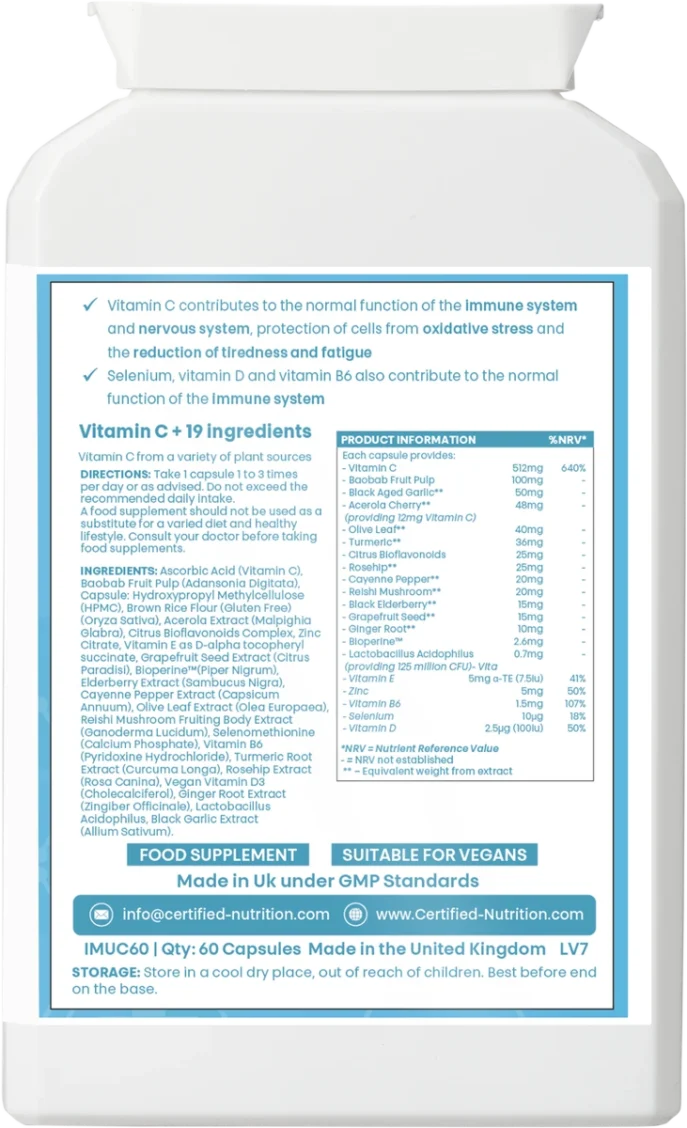 Multi C Immunity+ nutrition facts and ingredient list – Certified Nutrition UK-made