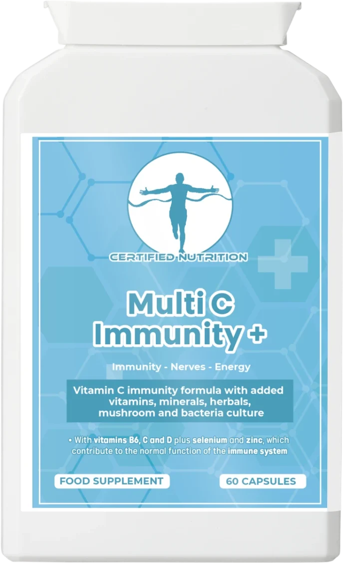 Multi C Immunity+ supplement bottle, vitamin C with 19 nutrients for immune support