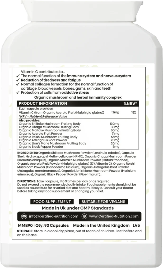 Back label of rectangular bottle listing vitamin C contributions (immune and neural function, fatigue reduction, collagen formation, oxidative stress protection); detailed ingredient table with organic mushrooms, astragalus, acerola, black pepper; directions, UK GMP statement, contact details.