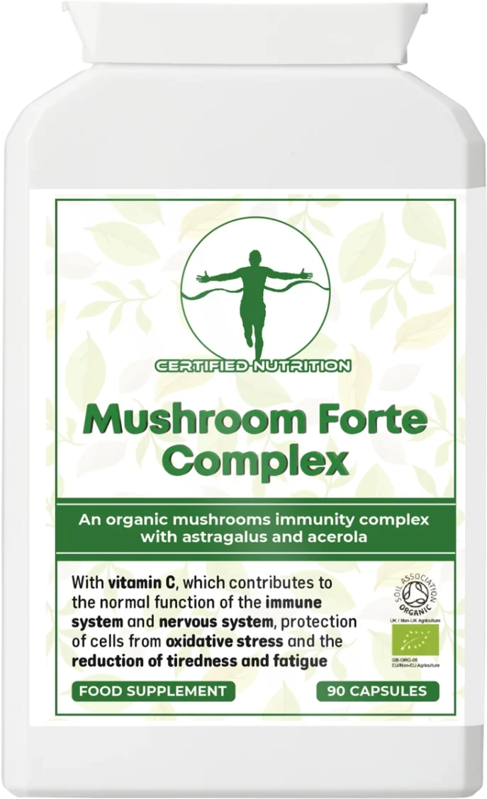 Rectangular white supplement bottle, front label “Mushroom Forte Complex”; green band “An organic mushrooms immunity complex with astragalus and acerola”; lower panel states vitamin C functions; badges “Food Supplement” and “90 Capsules”.