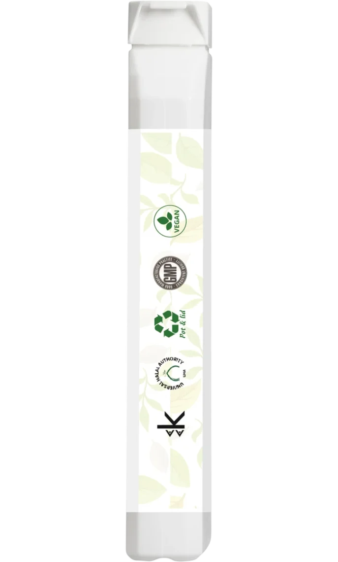 Narrow side panel showing certification icons and names: Vegan, GMP, PET & lid recycling, Universal Halal Authority USA; pale leaf motif along the strip.