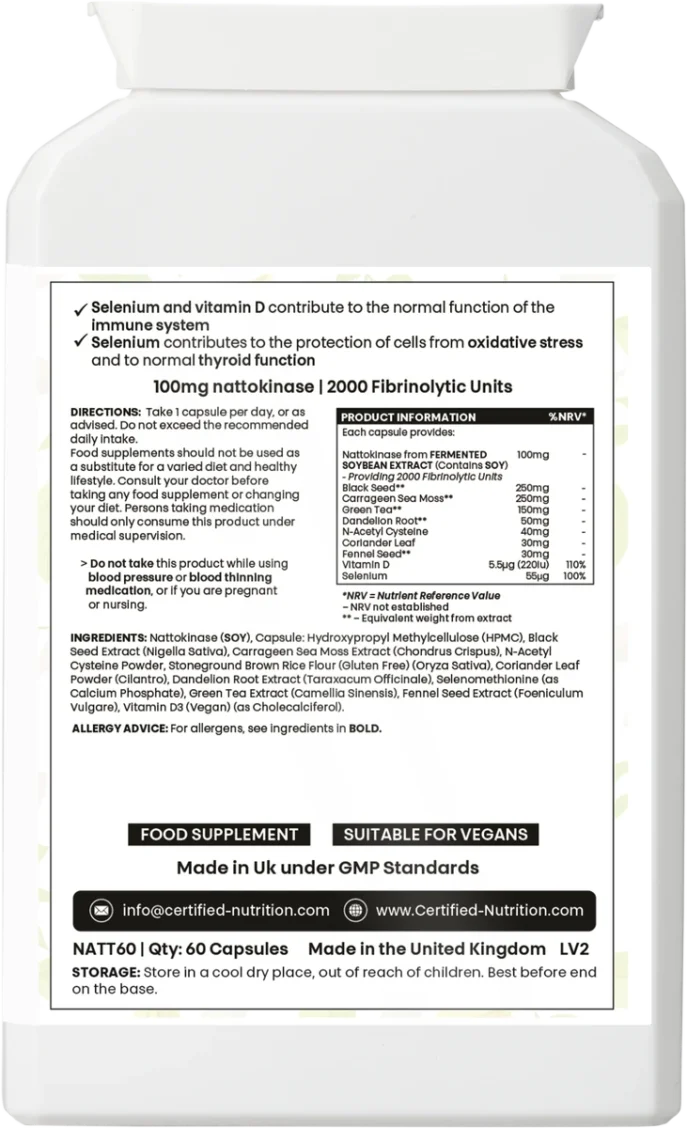 Back label of white rectangular bottle showing bullets on vitamin D and selenium functions, directions, caution about blood-thinning medicines, full ingredients list with botanicals and NAC, nutrition table, contact details, UK-made and GMP notice.”