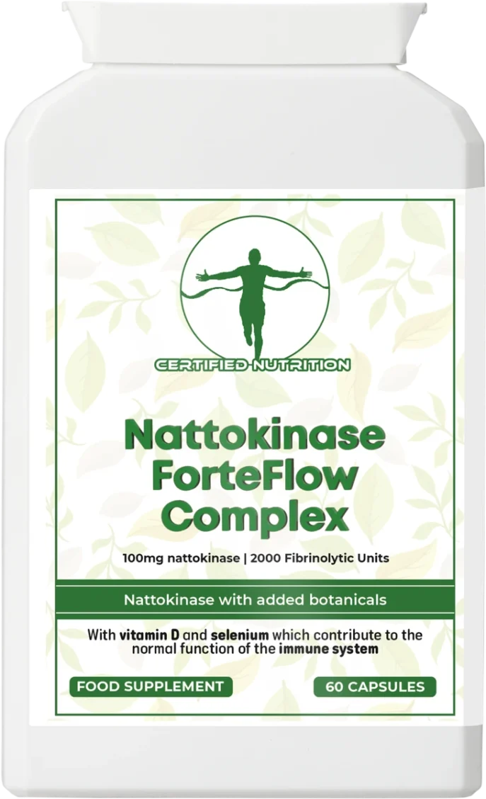 Rectangular white supplement bottle front label, green leaf motif, product title ‘Nattokinase ForteFlow Complex’, line ‘100mg nattokinase | 2000 Fibrinolytic Units’, strip ‘Nattokinase with added botanicals’, note about vitamin D and selenium, badges ‘Food Supplement’ and ‘60 Capsules’.”