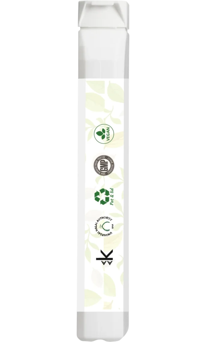 Side panel of rectangular bottle with certification icons: Vegan, GMP, recyclable PET & lid, Universal Halal Authority USA; pale leaf pattern background.”