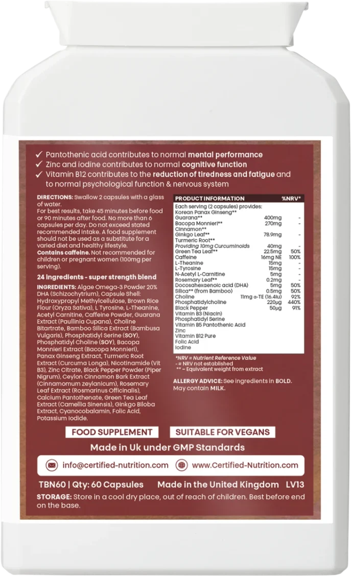 Back label of NeuroTurbo+ with ingredients and nutritional information