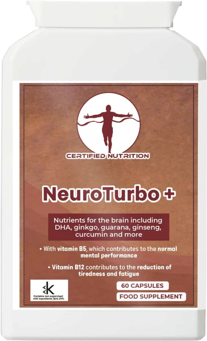 NeuroTurbo+ capsules with ginseng, guarana, and vitamin B12 for mental focus