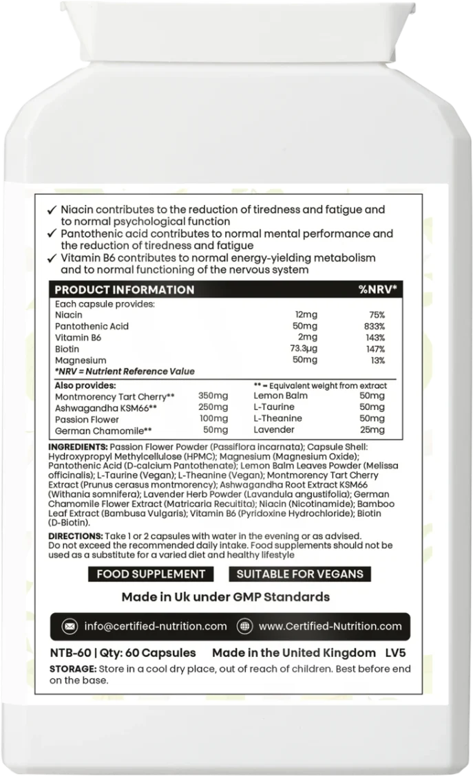 Rectangular white HDPE bottle, rear view; green-white leaf motif label titled “PRODUCT INFORMATION.” Bulleted claims cite niacin, pantothenic acid, and vitamin B6 contributions. Table lists per-capsule amounts (e.g., niacin 12 mg, pantothenic acid 50 mg, vitamin B6 2 mg, biotin 73.3 µg, magnesium 50 mg) plus botanicals and amino acids. Footer shows directions, “FOOD SUPPLEMENT,” “SUITABLE FOR VEGANS,” UK GMP line, contact icons, code NTB-60, 60 capsules, and storage advice.