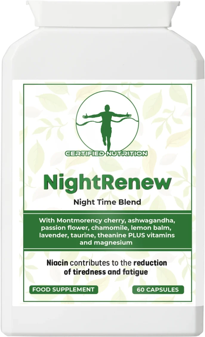 Same bottle front; headline “NightRenew” over subtitle “Night Time Blend.” Mid-panel box reads: “With Montmorency cherry, ashwagandha, passion flower, chamomile, lemon balm, lavender, taurine, theanine PLUS vitamins and magnesium.” Lower panel: “Niacin contributes to the reduction of tiredness and fatigue.” Badges “FOOD SUPPLEMENT” and “60 CAPSULES.”