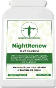 Bottle photographed from above at a shallow angle; white hinged cap, raised shoulders, and front label top border in frame; brand roundel with person silhouette centered.