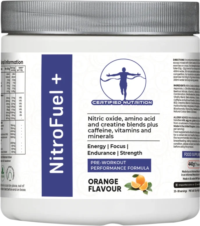 Front label of Certified Nutrition NitroFuel+ showing energy, endurance, and strength support formula