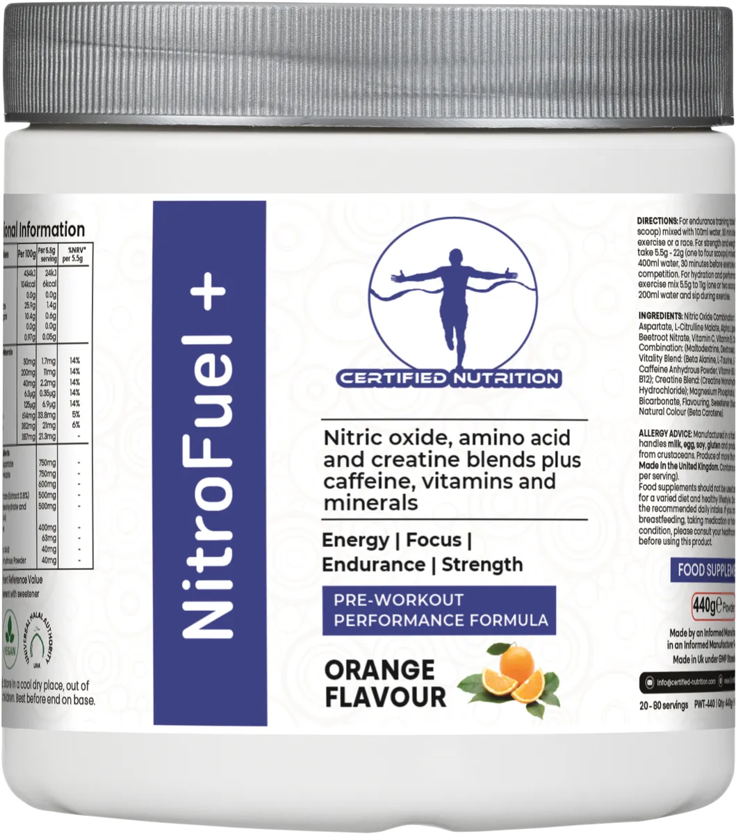 Front label of Certified Nutrition NitroFuel+ showing energy, endurance, and strength support formula