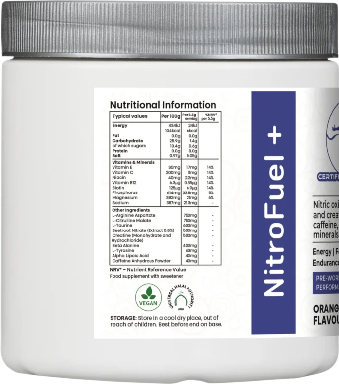 Nutrition panel of NitroFuel+ pre-workout with ingredient dosages per serving