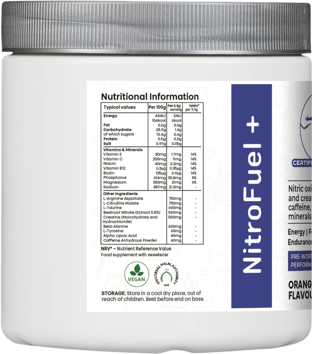 Nutrition panel of NitroFuel+ pre-workout with ingredient dosages per serving