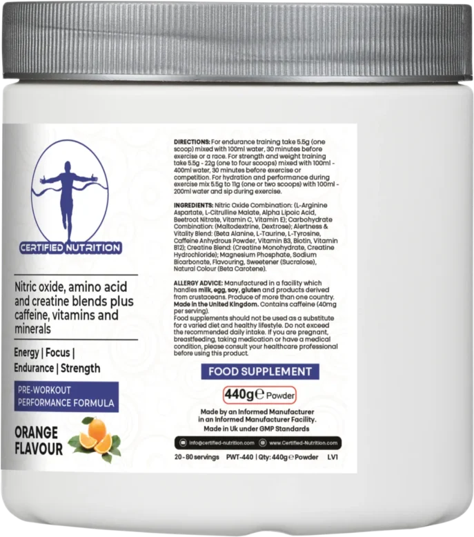 NitroFuel+ pre-workout supplement usage instructions and certifications including vegan and GMP