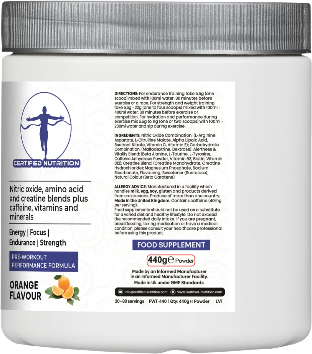 NitroFuel+ pre-workout supplement usage instructions and certifications including vegan and GMP