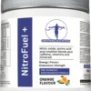 Certified Nutrition NitroFuel+ pre-workout powder – angled front view showing performance benefits and orange flavour
