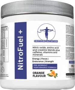 Certified Nutrition NitroFuel+ pre-workout powder – angled front view showing performance benefits and orange flavour