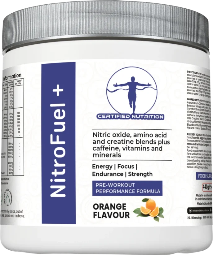 Certified Nutrition NitroFuel+ pre-workout powder – angled front view showing performance benefits and orange flavour