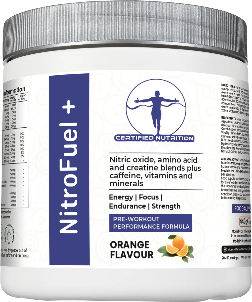 Certified Nutrition NitroFuel+ pre-workout powder – angled front view showing performance benefits and orange flavour