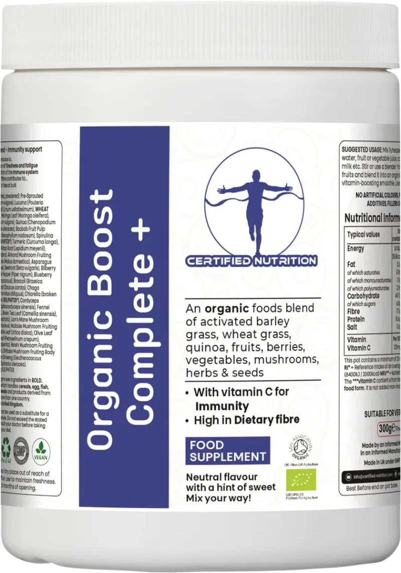 front label of Organic Boost Complete+ with organic blend and vitamin C for immunity