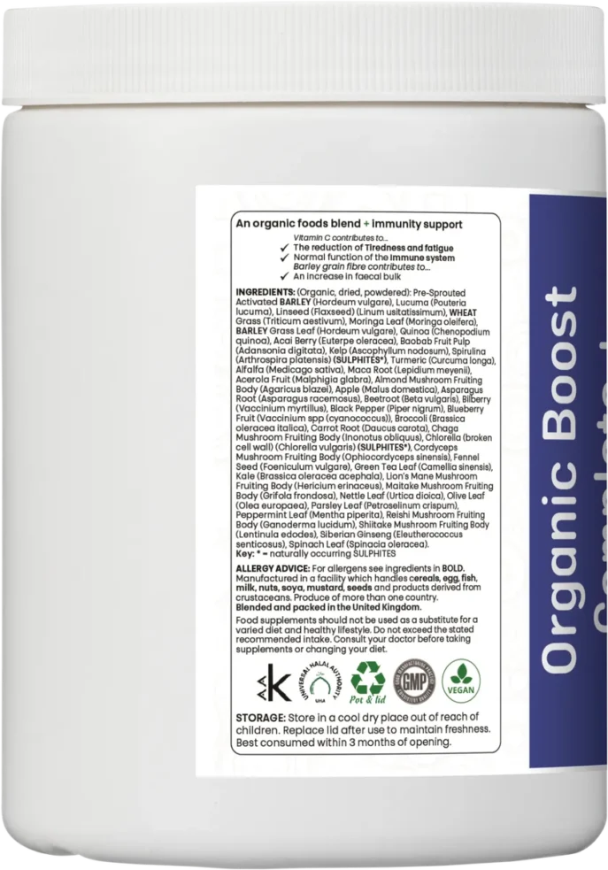 Organic Boost Complete+ full ingredient list including berries, vegetables, mushrooms, and herbs