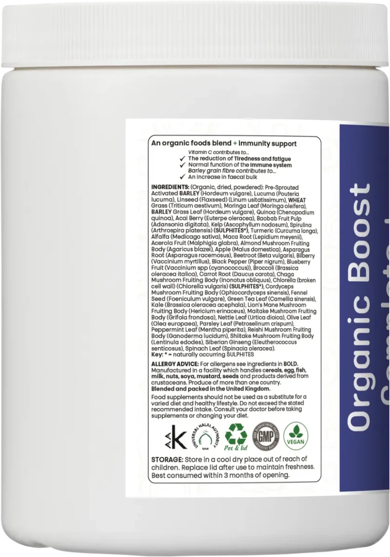 Organic Boost Complete+ full ingredient list including berries, vegetables, mushrooms, and herbs