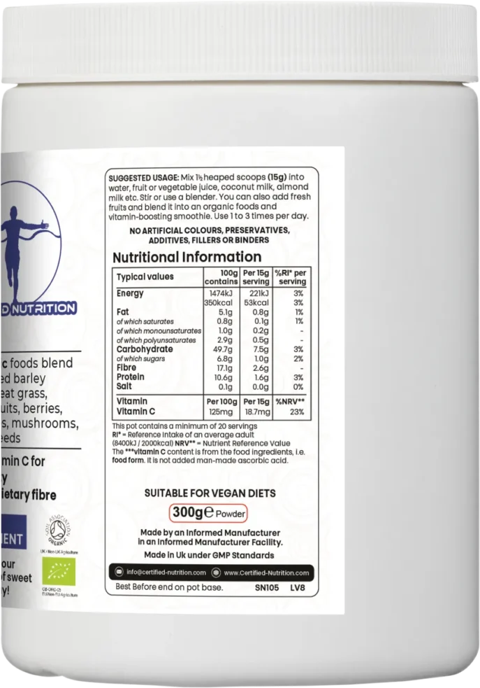 nutrition facts of Organic Boost Complete+ with per 100g and 15g serving values