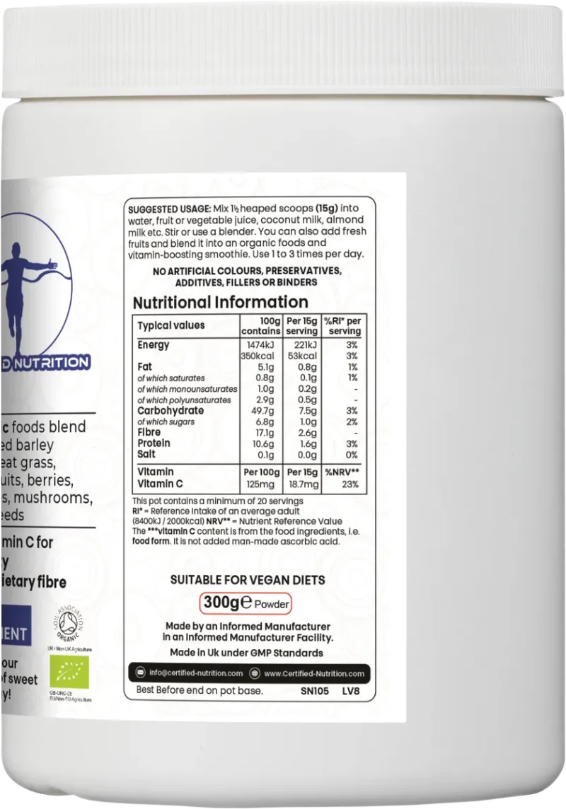 nutrition facts of Organic Boost Complete+ with per 100g and 15g serving values