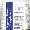 angled front view of Organic Boost Complete+ food supplement tub with immunity and fibre claims